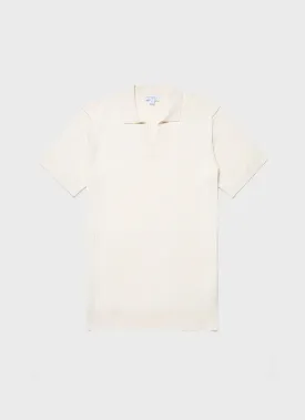 Men's Fine Rib Silk Cotton Polo Shirt in Ecru