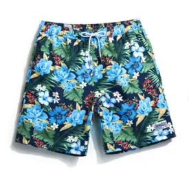 Men's Green Blue Leaves Print Beach Board Shorts