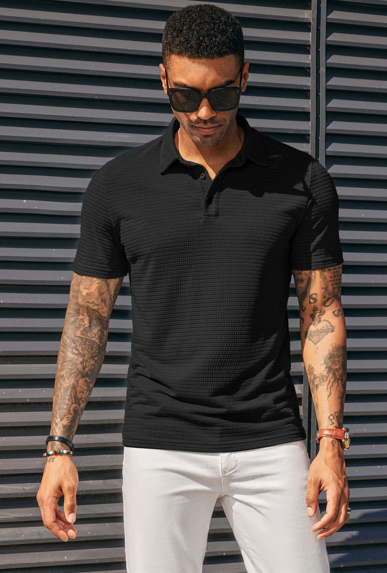 Men's Knit Polo Shirts Short Sleeve Casual Button Up Shirts Solid Collared Golf Shirts Tops