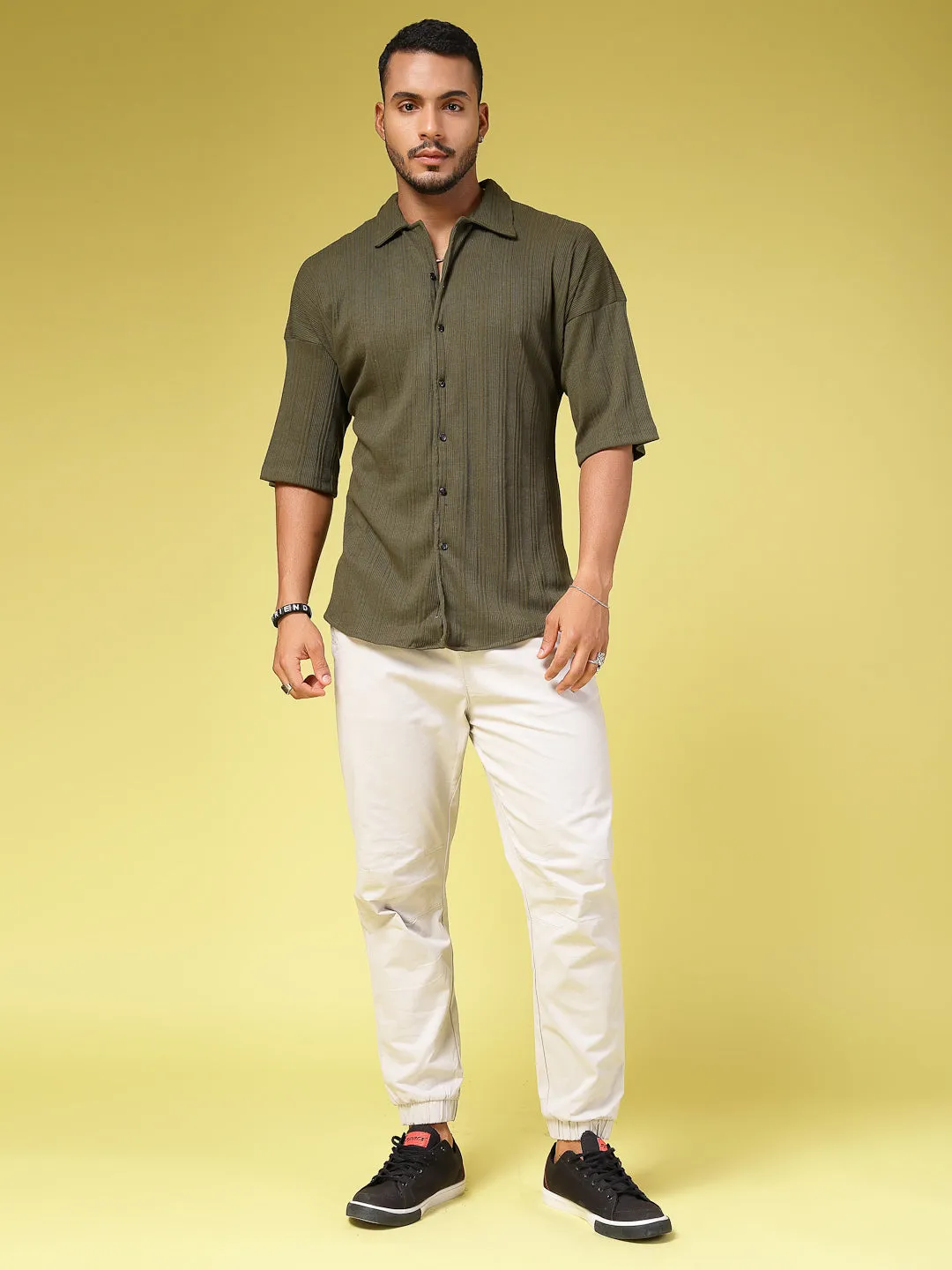 Men's Olive Ribbed Oversized Cuban Collar Shirt