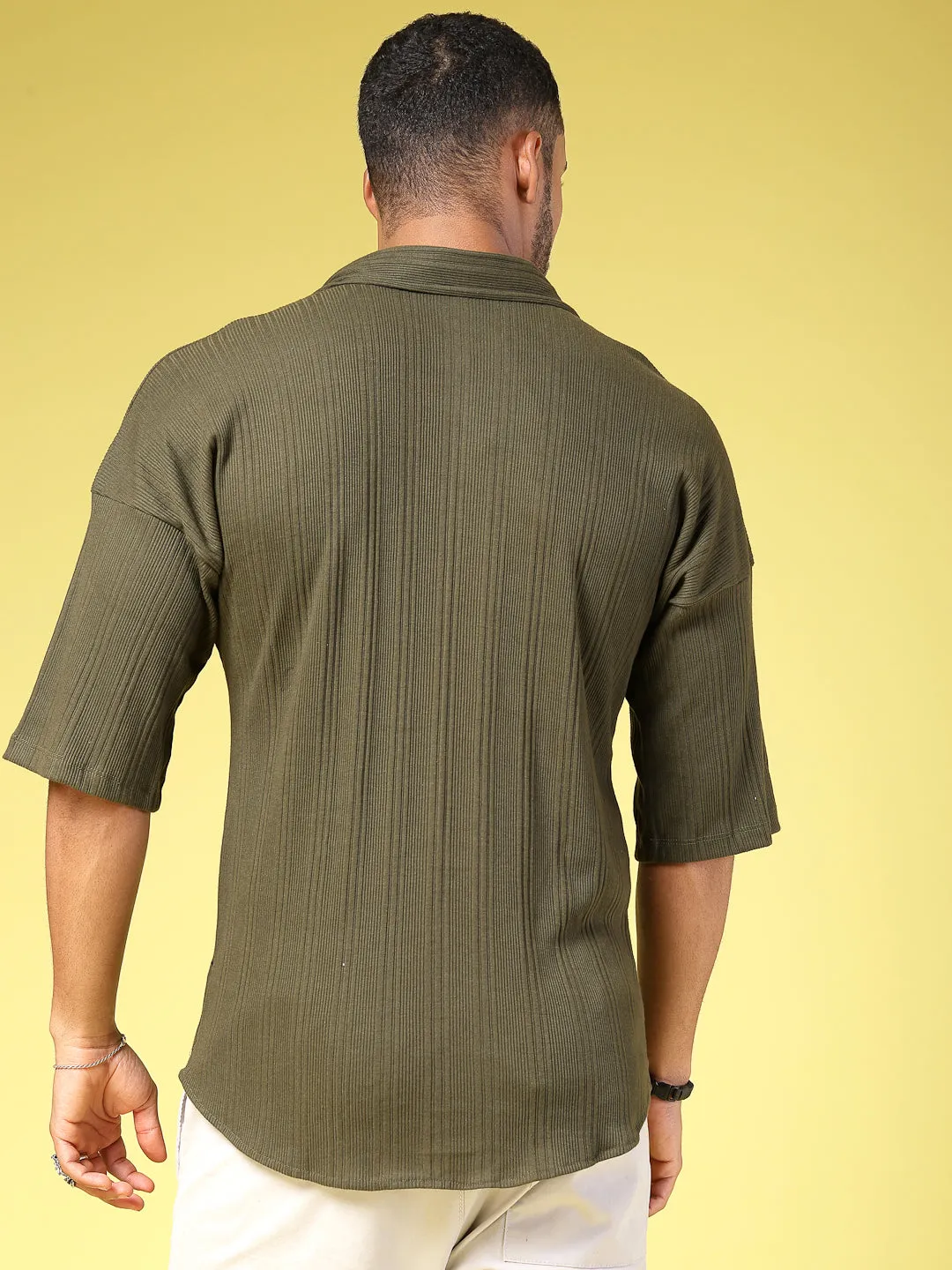 Men's Olive Ribbed Oversized Cuban Collar Shirt