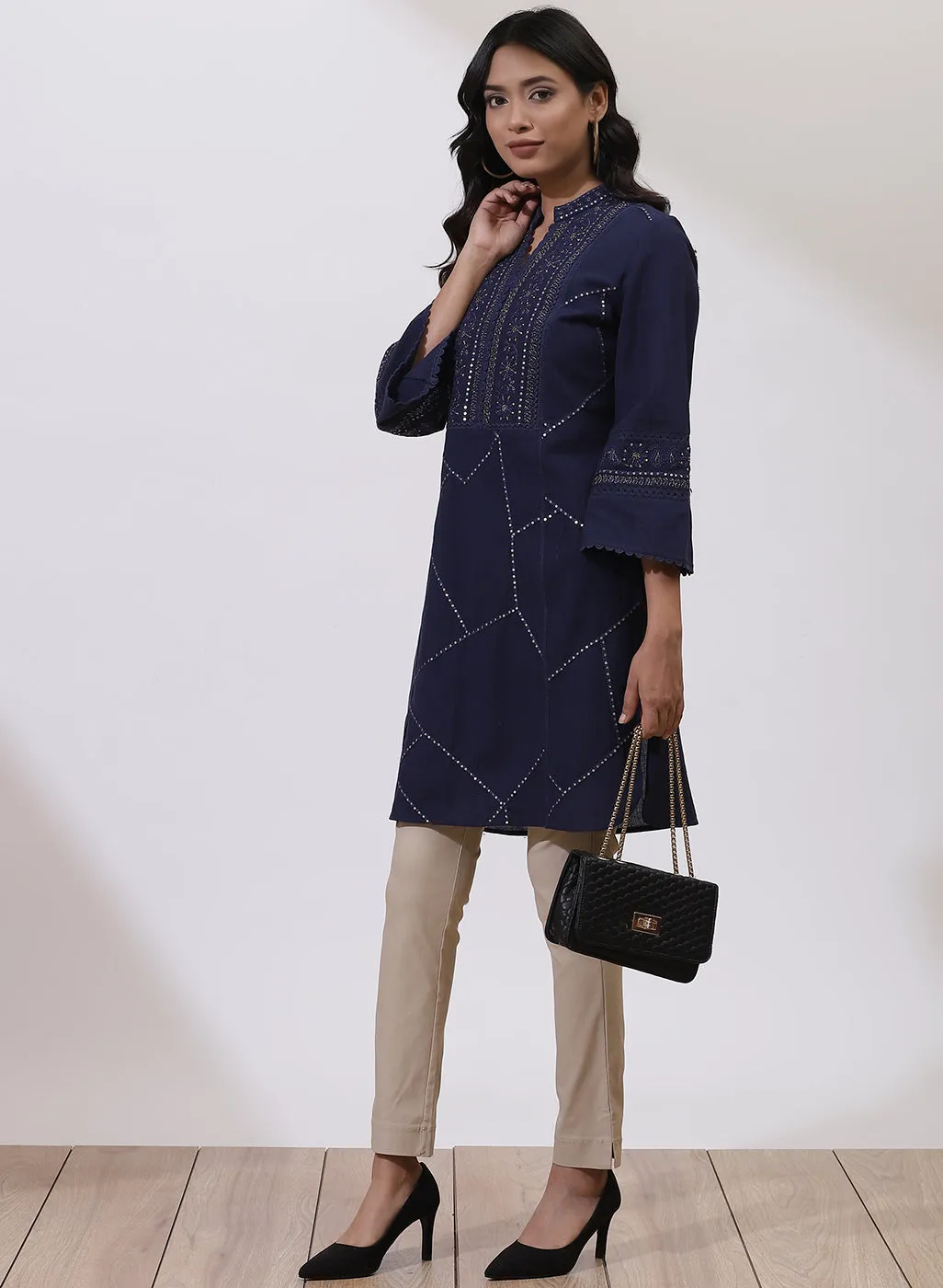 Navy Kurti With Delicate Embroidery