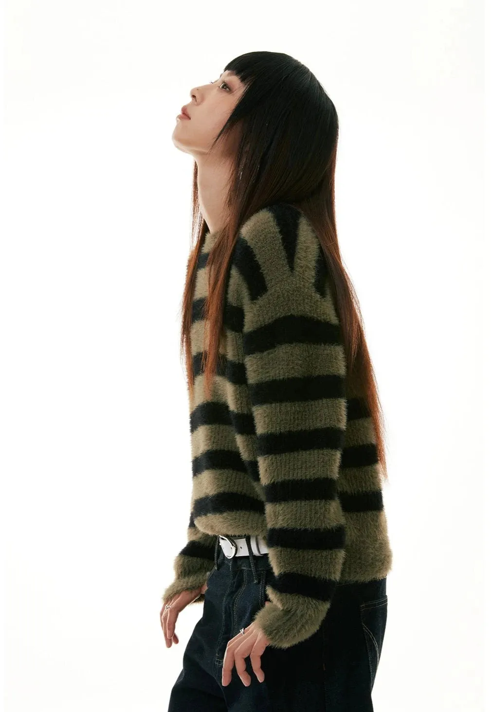 Olive Striped Crew Neck Fuzzy Sweater