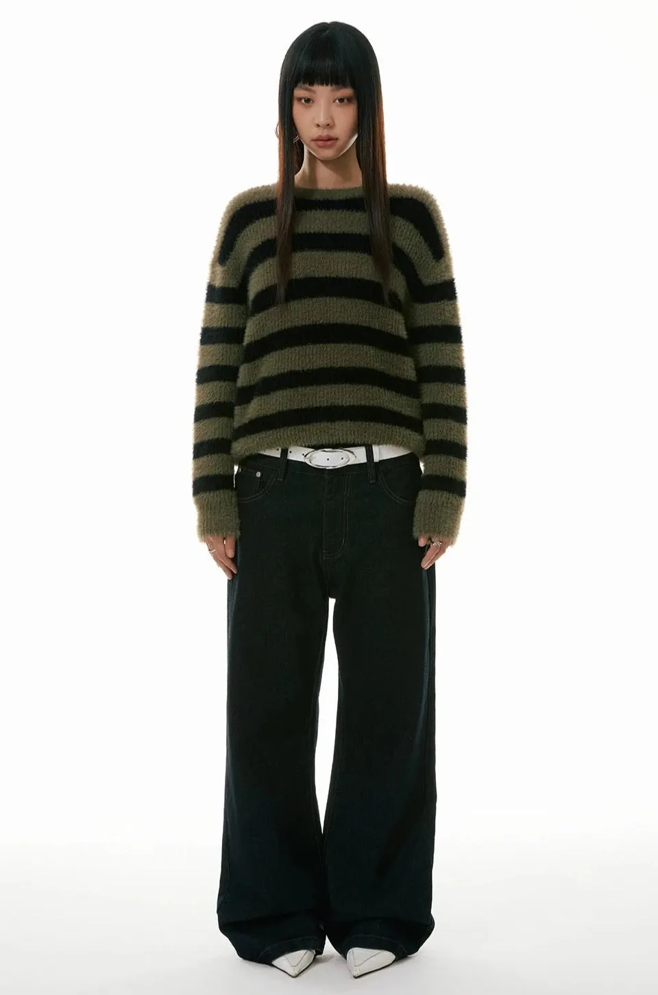 Olive Striped Crew Neck Fuzzy Sweater