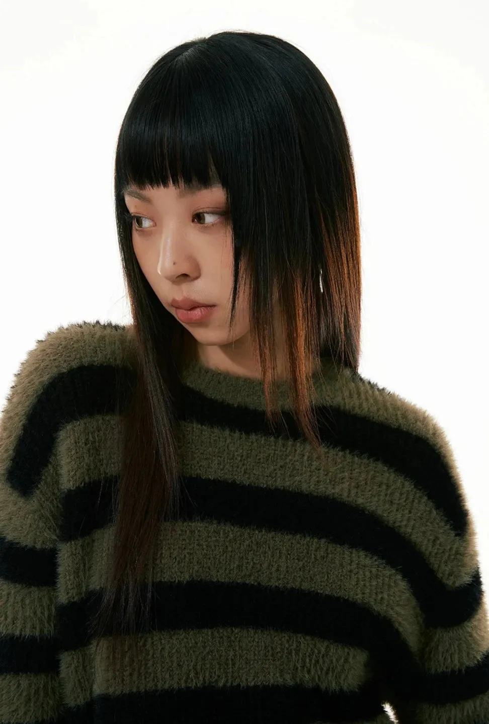 Olive Striped Crew Neck Fuzzy Sweater