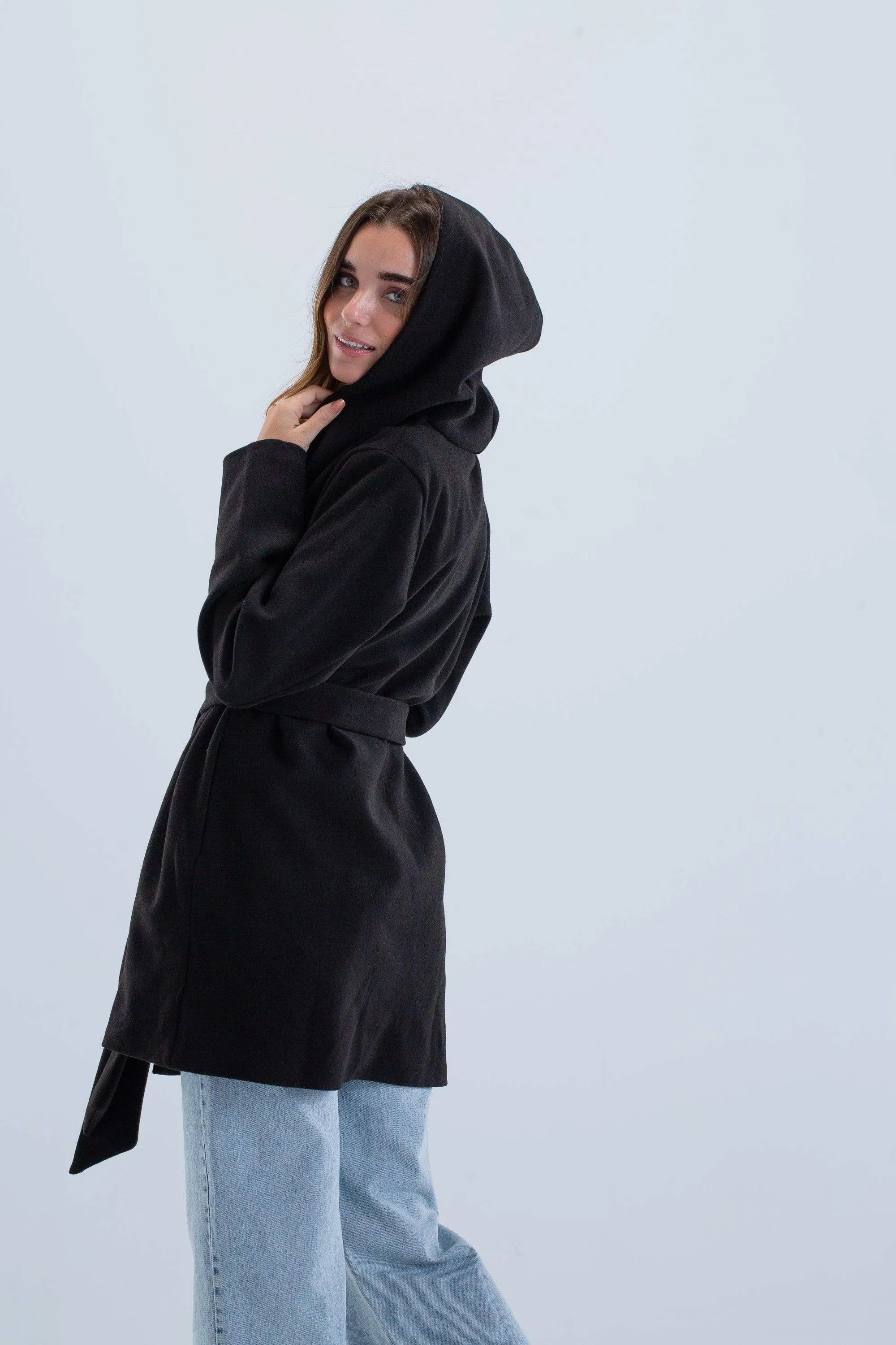 Open Neckline Hooded Coat