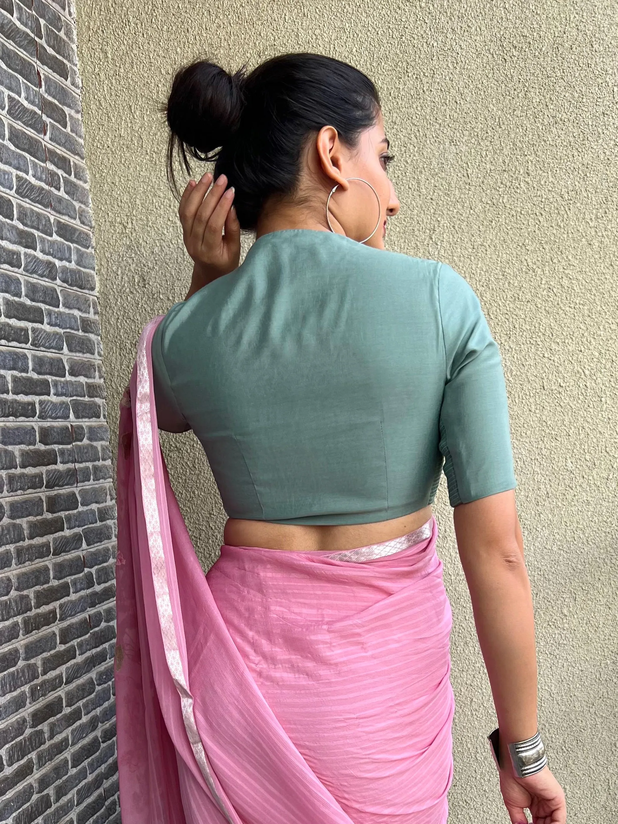 Pallavi x Rozaana | Elbow Sleeves Saree Blouse in Mint Green