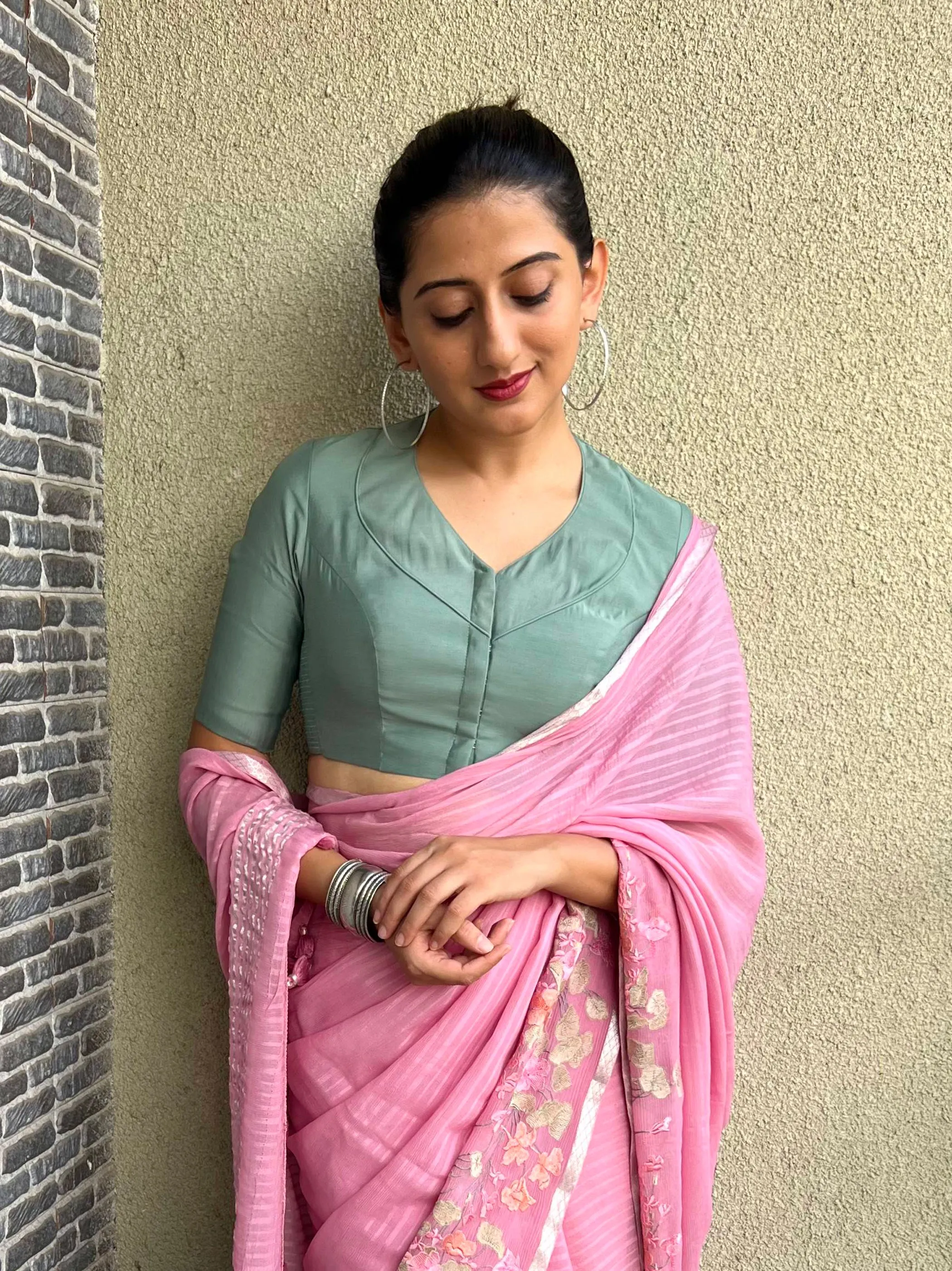 Pallavi x Rozaana | Elbow Sleeves Saree Blouse in Mint Green