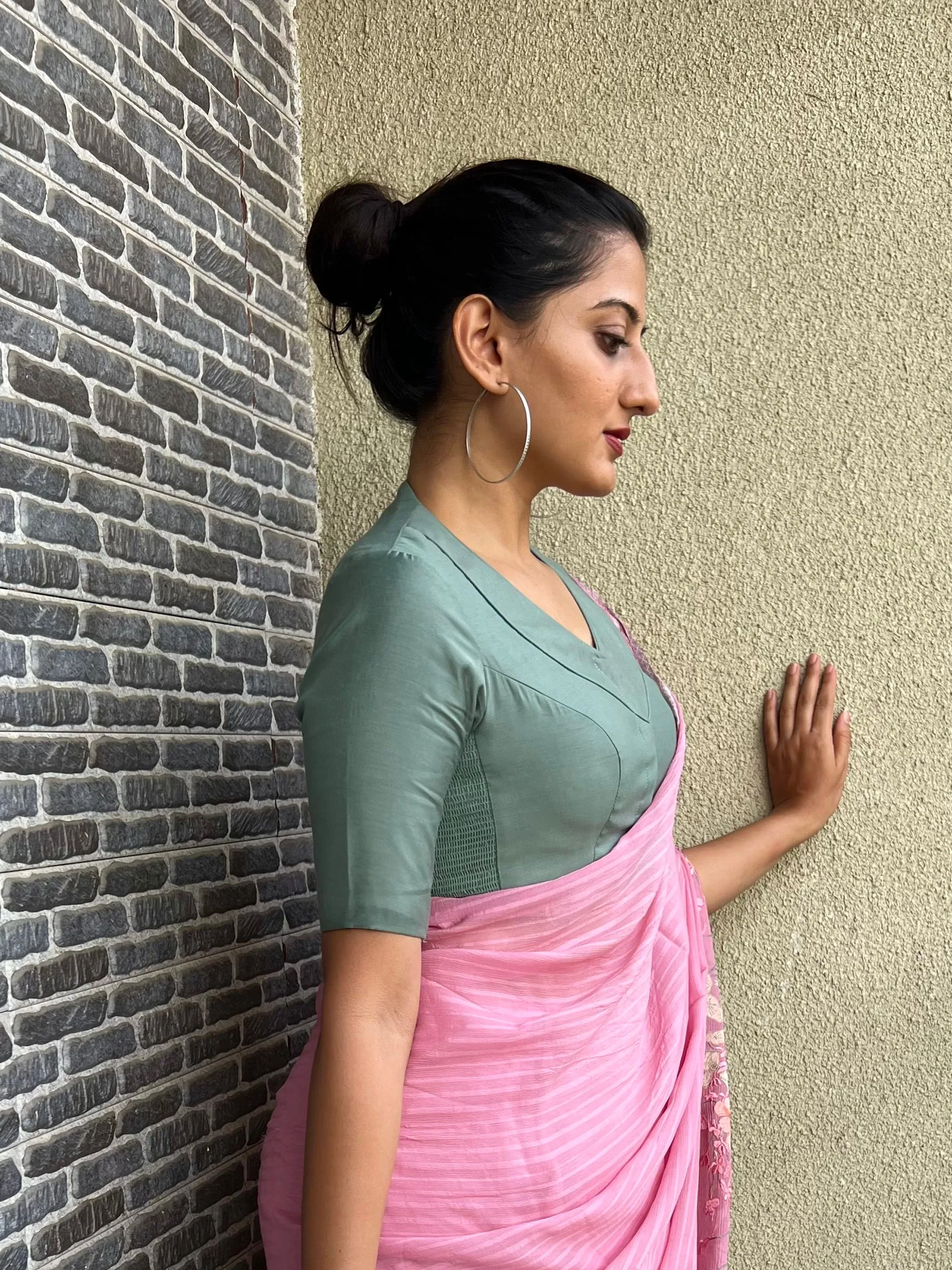 Pallavi x Rozaana | Elbow Sleeves Saree Blouse in Mint Green