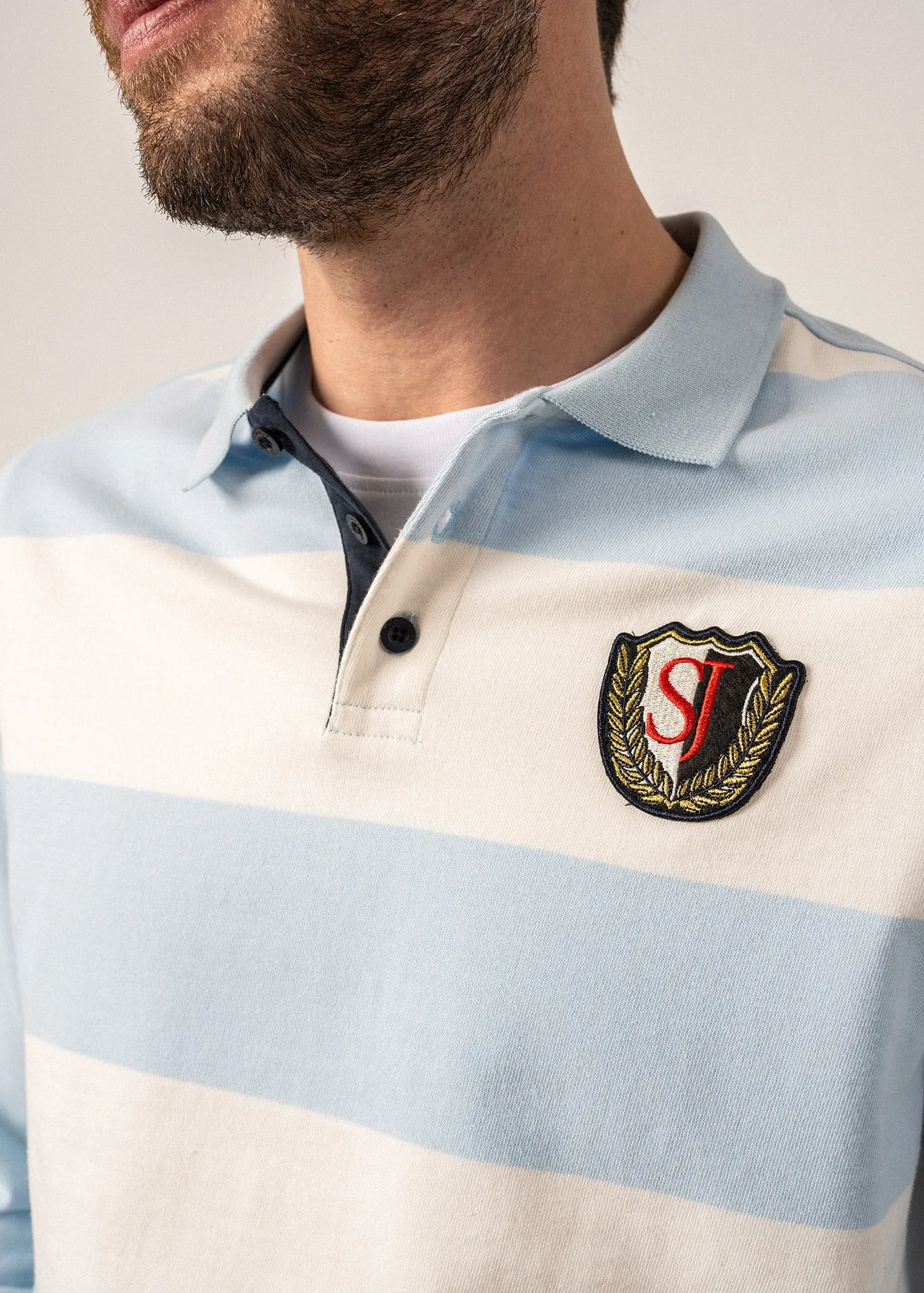 Pierrot Rugby-style Striped Polo Shirt - long sleeves, with SAINT JAMES badge (CIEL/ECUME)