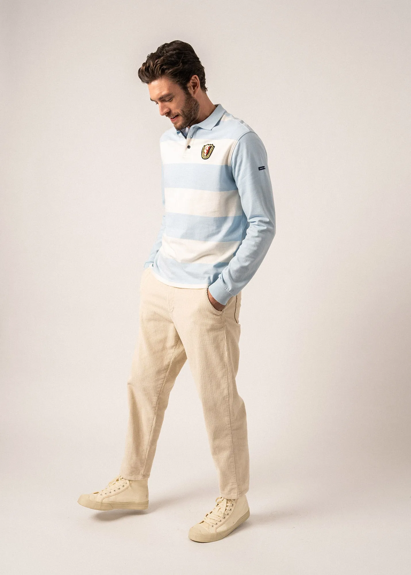 Pierrot Rugby-style Striped Polo Shirt - long sleeves, with SAINT JAMES badge (CIEL/ECUME)