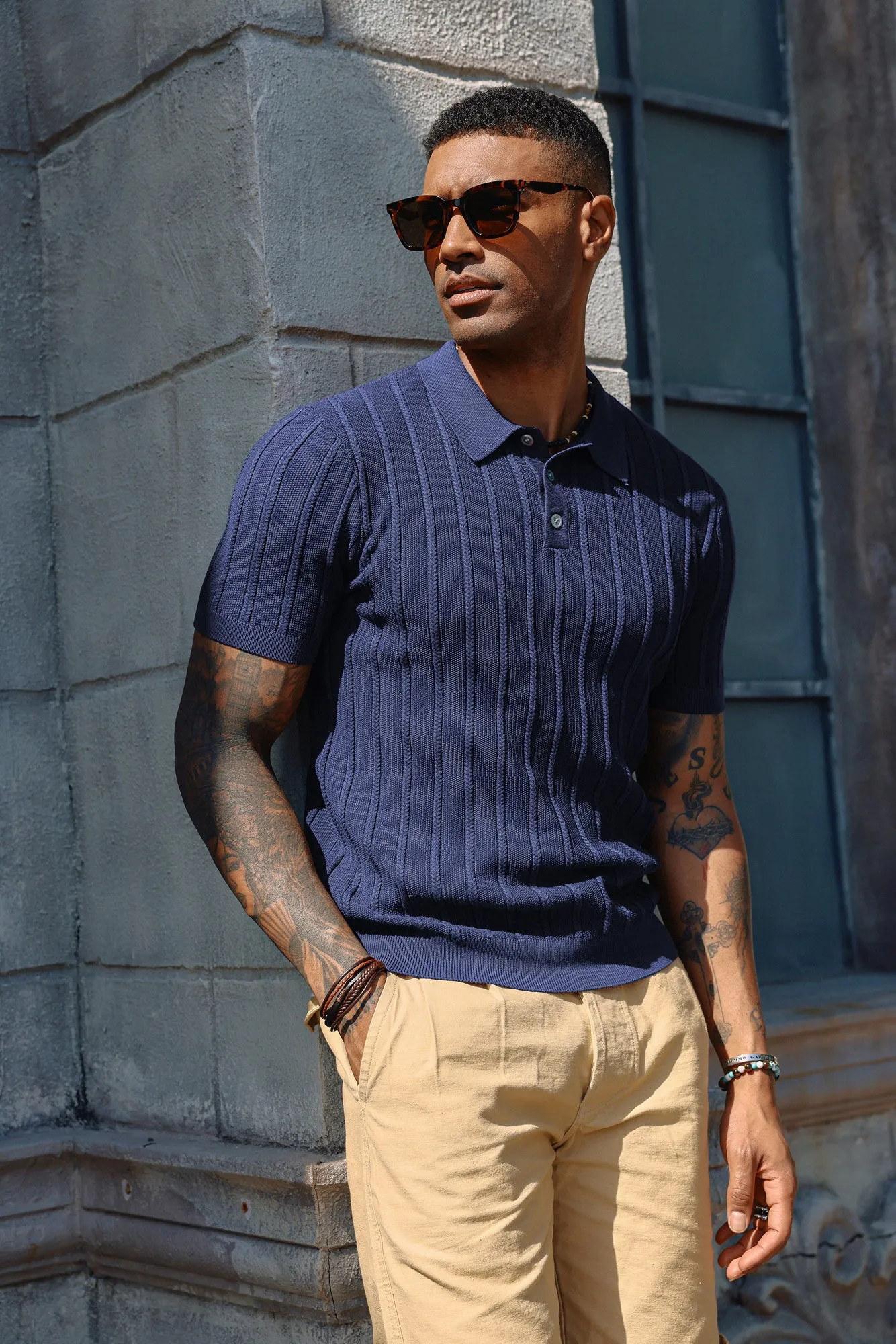 PJ Men Straight Knitted Polo-Shirt Short Sleeve Lapel Collar Button-up Neck Tops