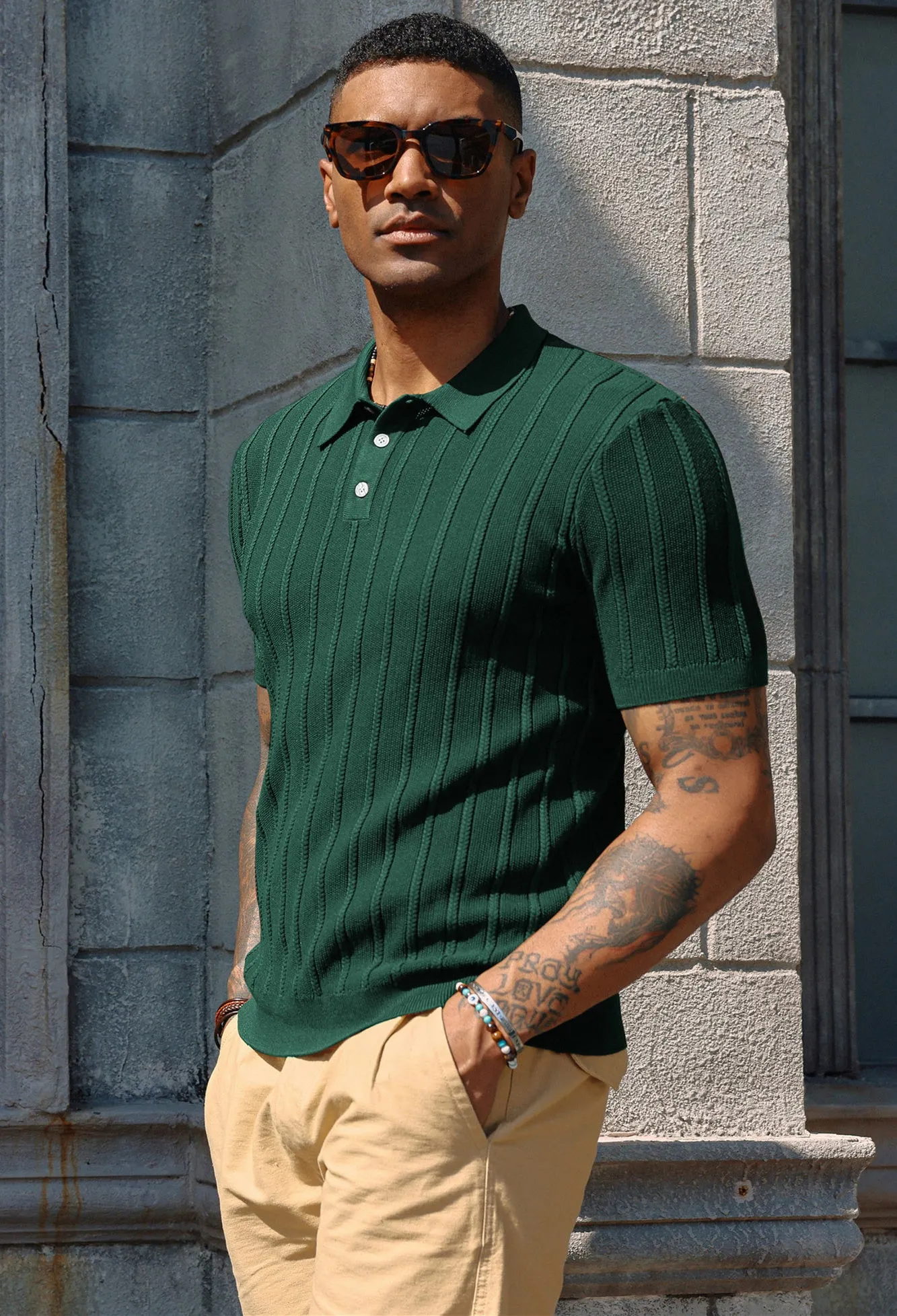 PJ Men Straight Knitted Polo-Shirt Short Sleeve Lapel Collar Button-up Neck Tops