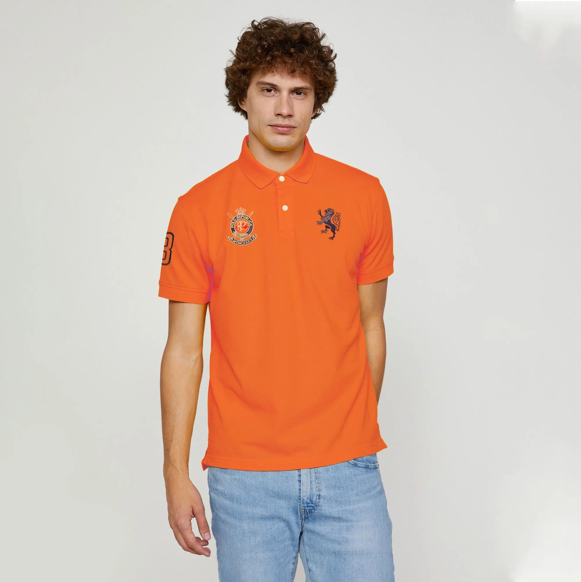 Polo Republica Men's Lion PR Crest & 8  Embroidered Short Sleeve Polo Shirt