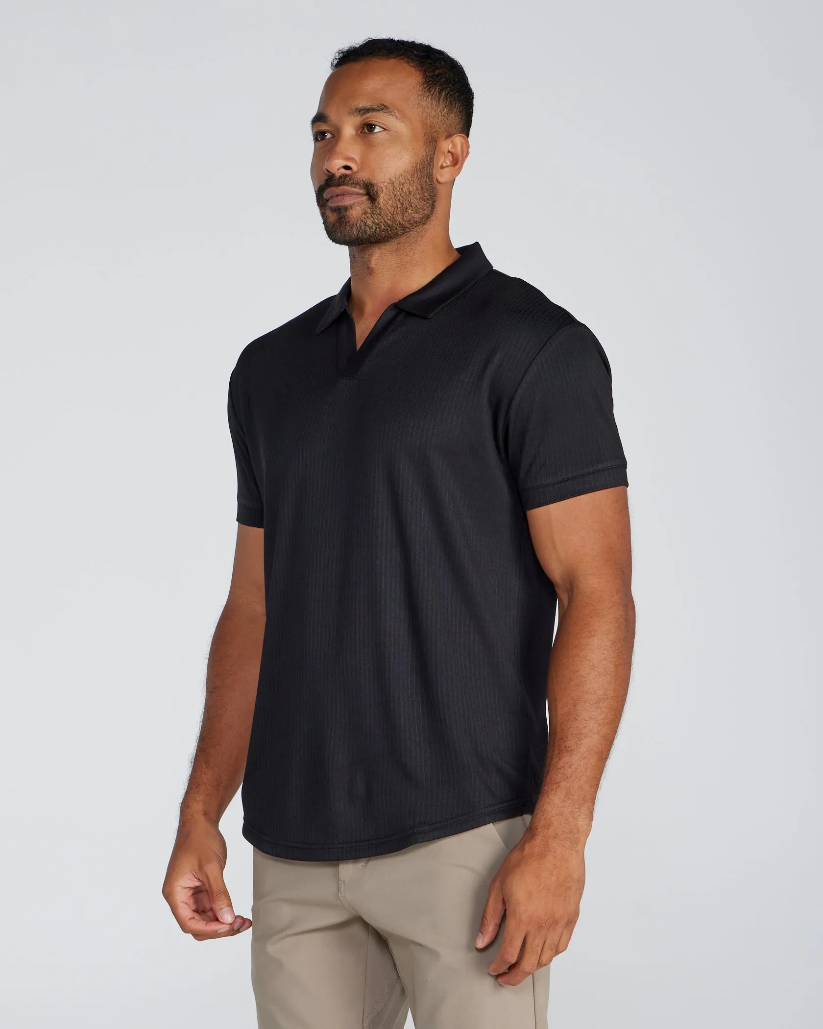 Ribbed Short Sleeve Open V Polo