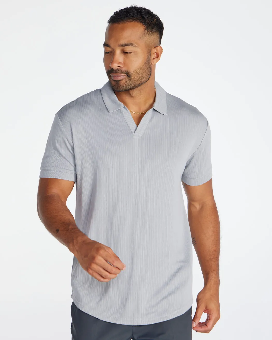 Ribbed Short Sleeve Open V Polo