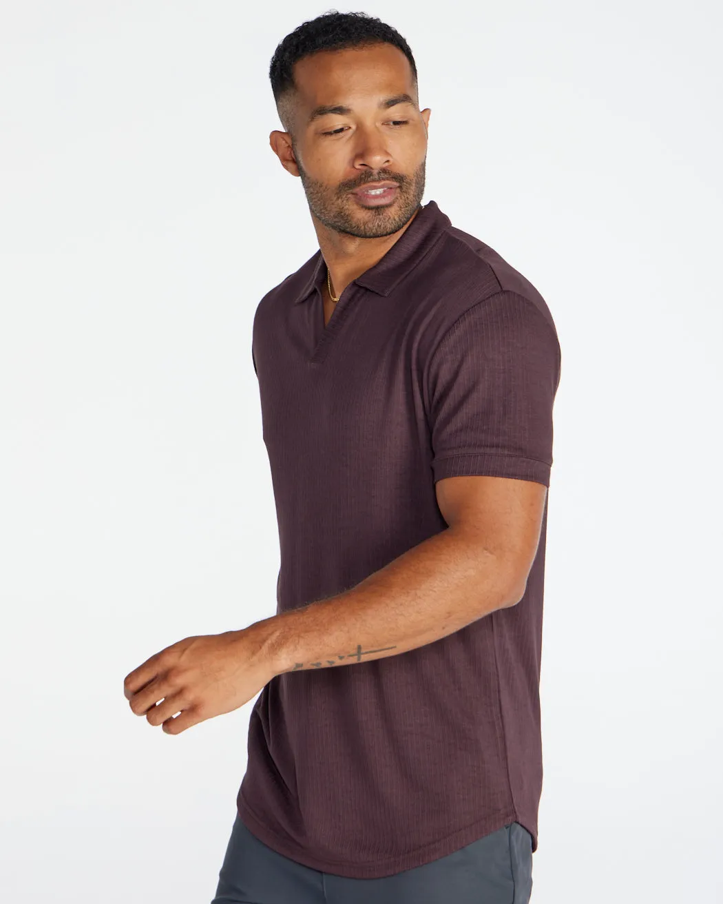 Ribbed Short Sleeve Open V Polo