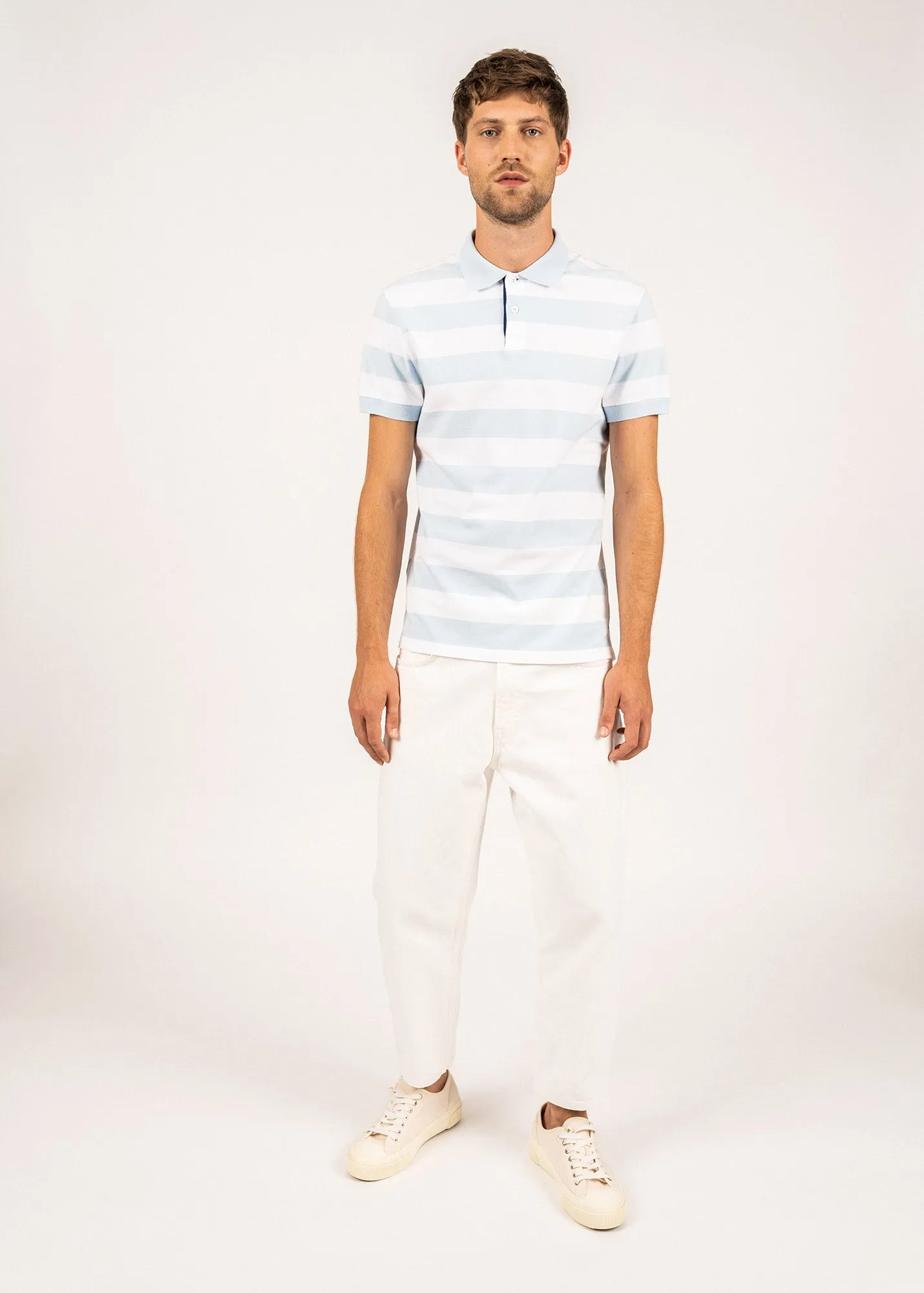 Scott polo shirt with large stripes - in blended cotton (CIEL/BLANC)