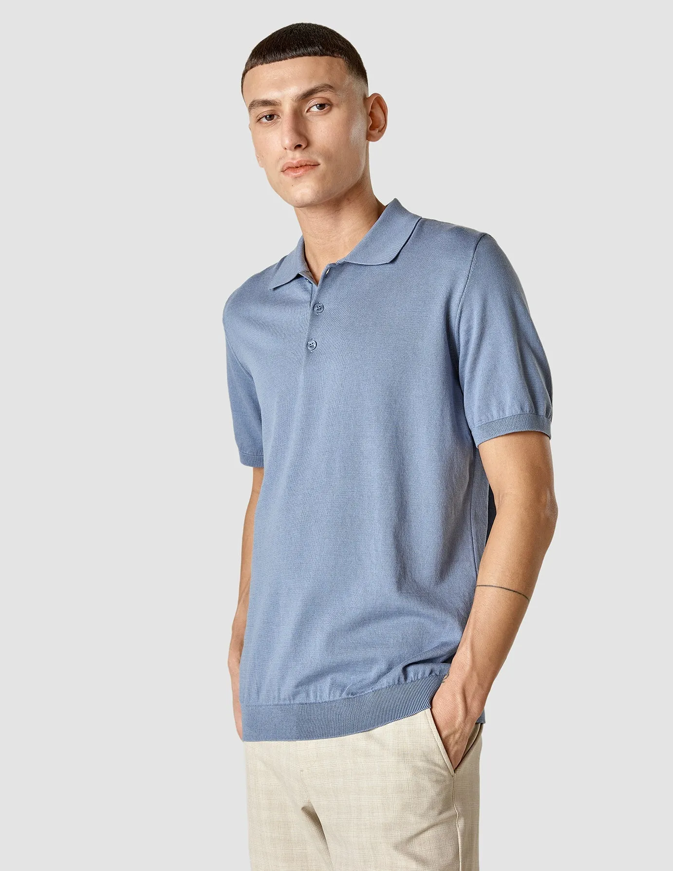 Silk / Cotton Short Sleeve Polo Cloud Blue