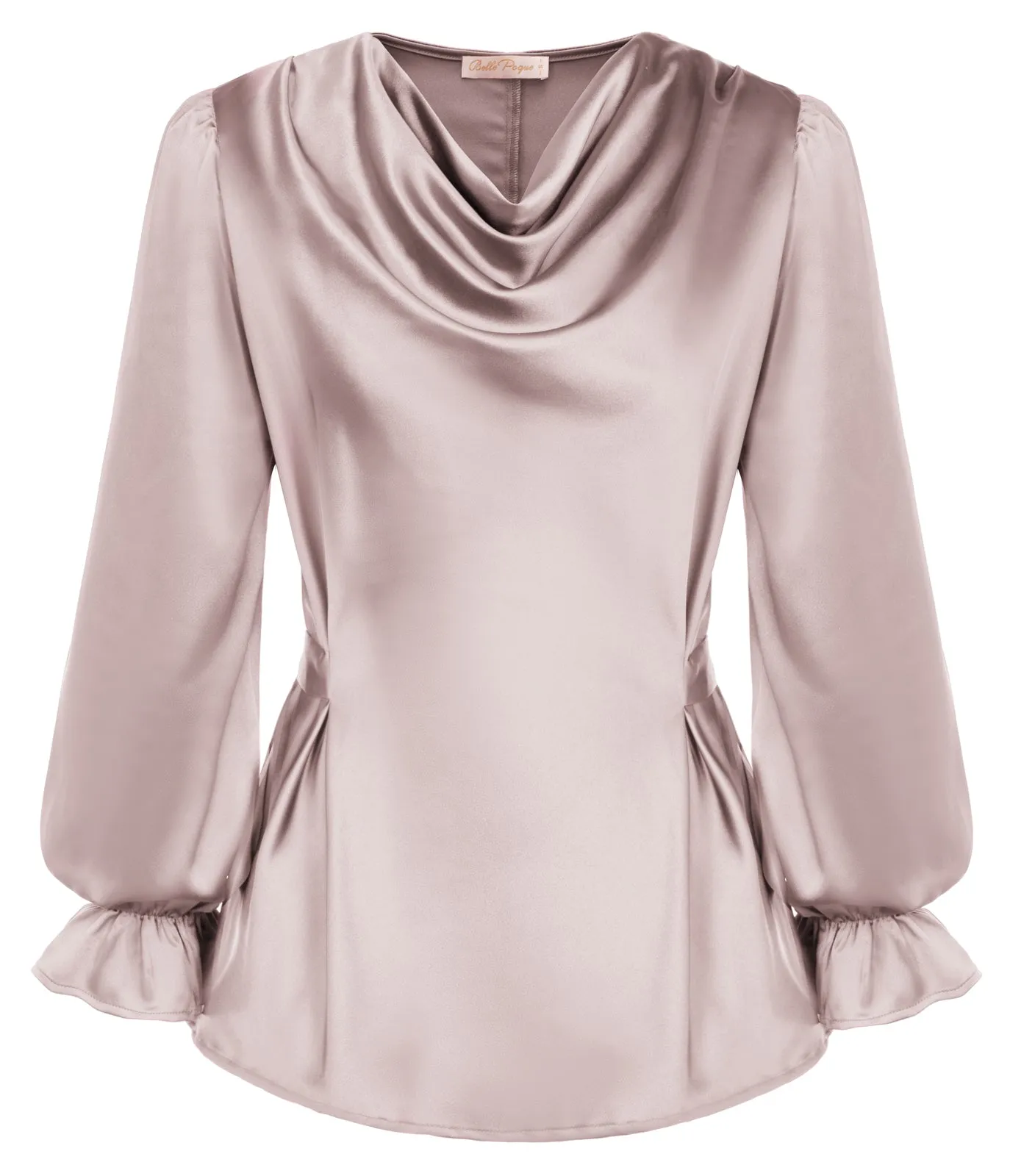 Silk Satin Tops Cowl Neck Drape Blouse Long Sleeve Tie Waist Blouse Shirt Top