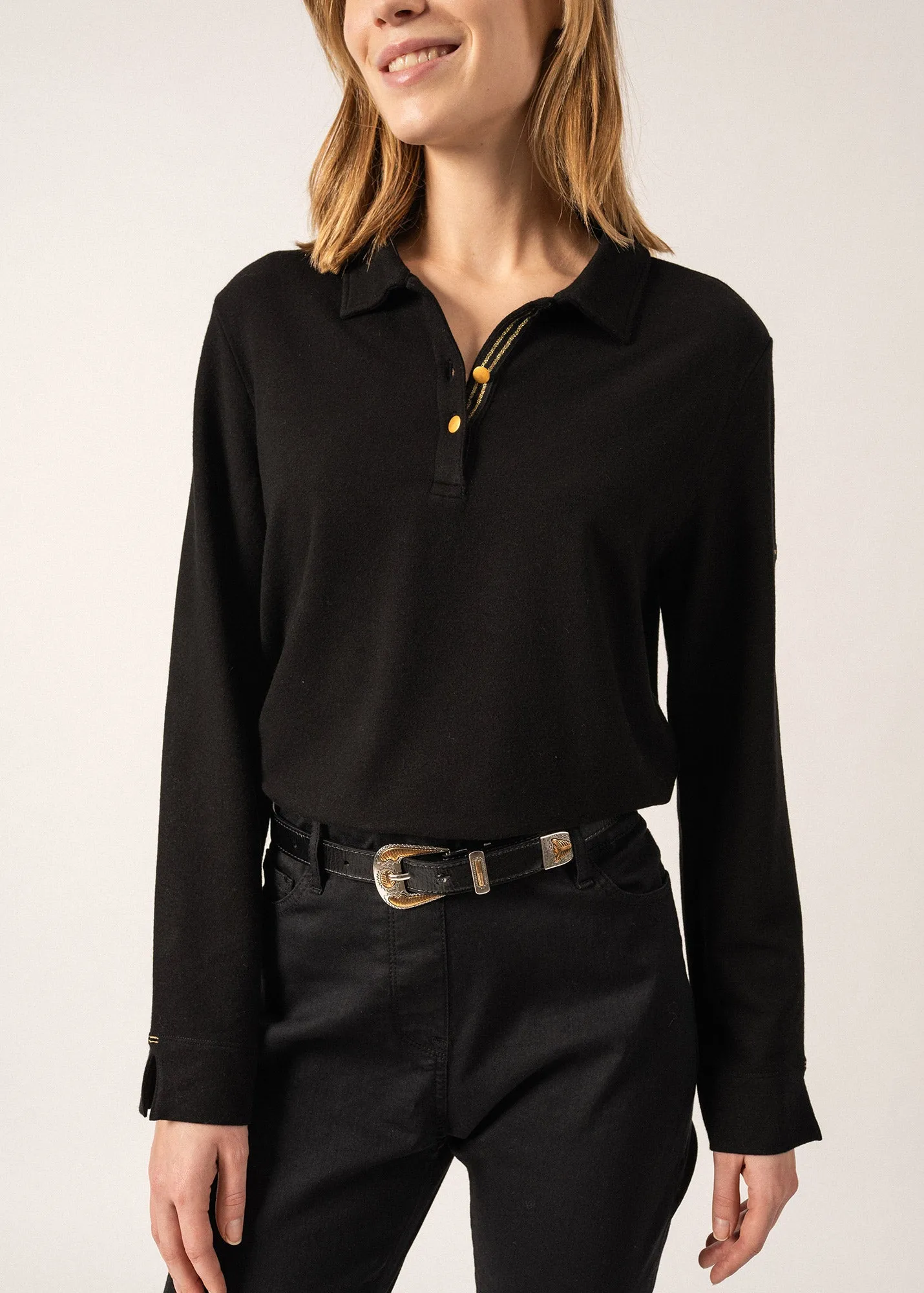 Stéphanie Fleece Polo Shirt - long sleeves, golden details (NOIR)