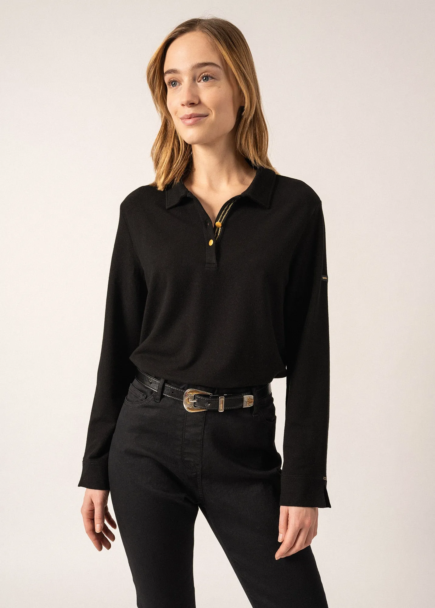 Stéphanie Fleece Polo Shirt - long sleeves, golden details (NOIR)