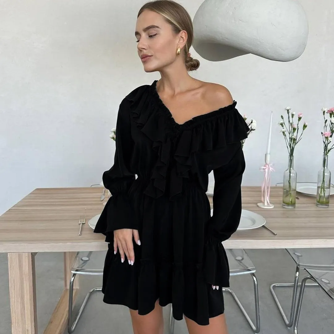 Women New Fashion V Neck Pleated Ruffle Long Sleeve